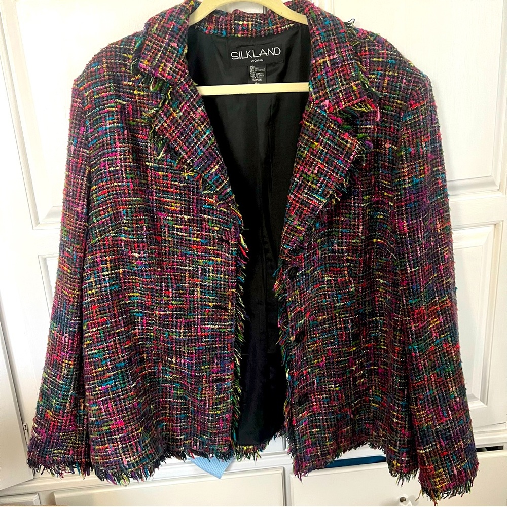 Vintage Silkland 90s Rainbow Tartan Frayed Hem Blazer - size XL